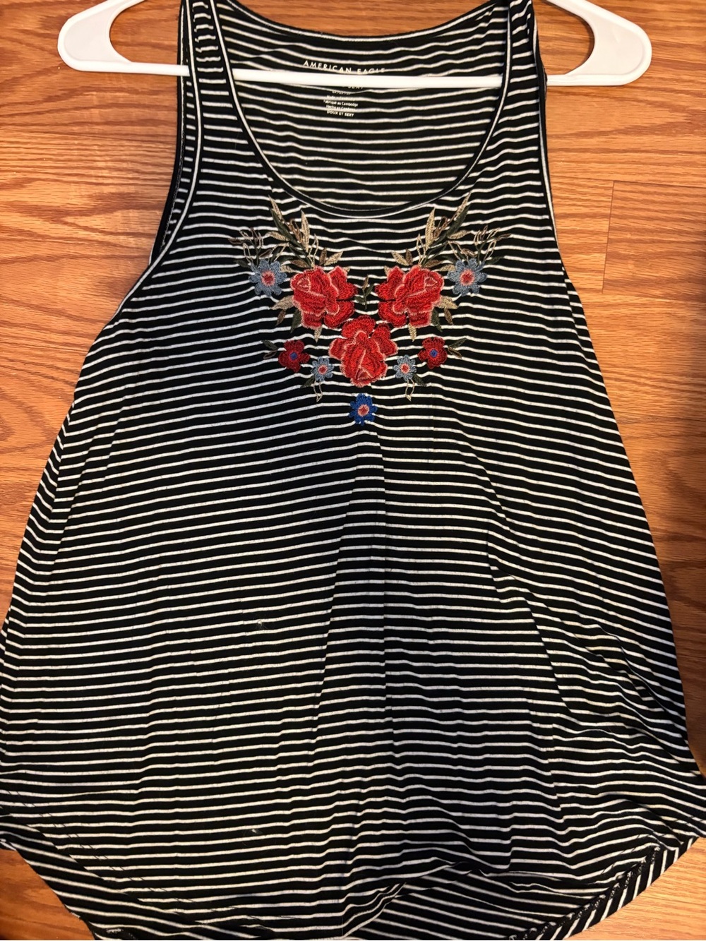 American Eagle Outfitters Black & White Striped Tank with Red Rose Embroidery